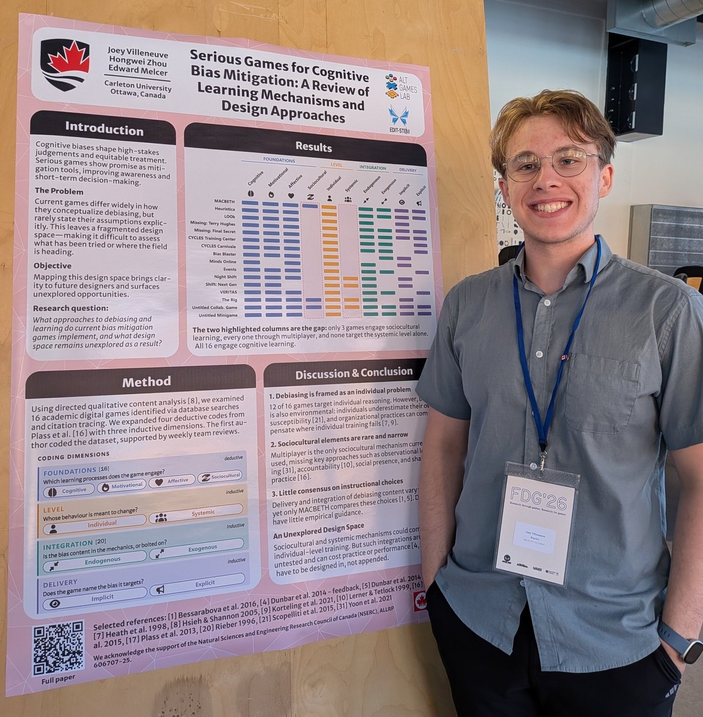 Joey Villeneuve standing beside his FDG 2026 poster, which is pinned to a large wooden board.